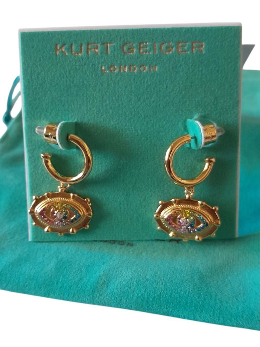 Kurt Geiger Evil Eye Rainbow Huggie Drop Earrings Gold Crystal Talisman Hoop - Picture 4 of 7
